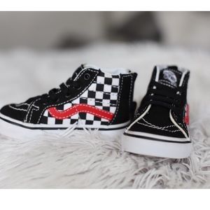Toddler black and with checkered high top Vans